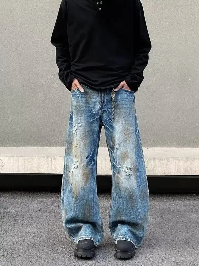 2000S vêtements Y2K Grunge vieux sale lavé bleu Baggy déchiré jean pantalon pour hommes 90S Vintage