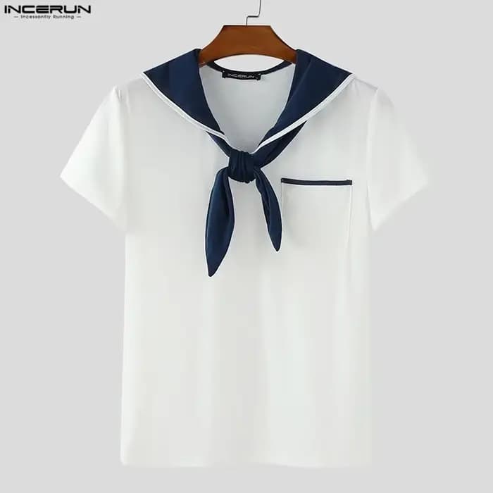 INCERUN hommes t-shirt Patchwork été col marine à manches courtes hommes t-shirt hauts Streetwear 20