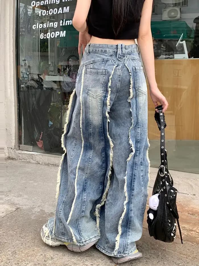 Jean Baggy Empilé Bleu Délavé à Jambes Larges pour Femme
