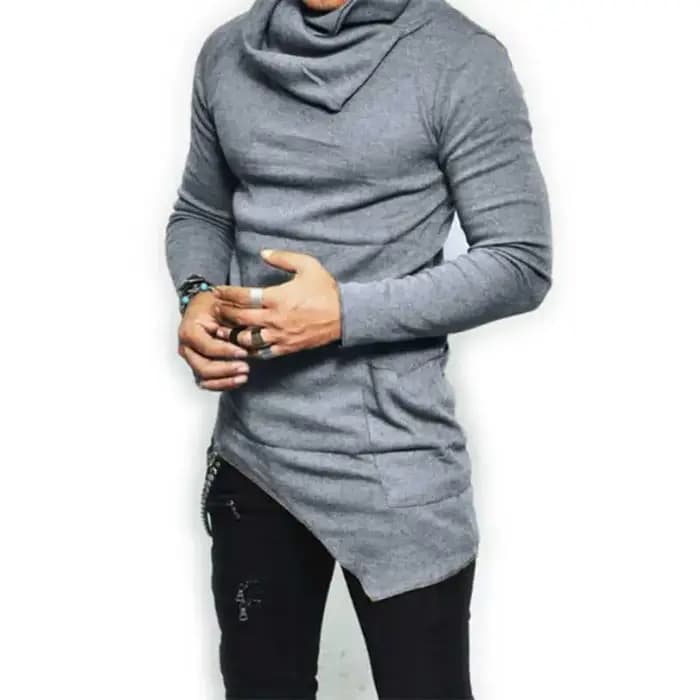 Offre spéciale mode Streetwear col roulé rue T-Shirt hommes Hip Hop à manches longues asymétrie mince conçu