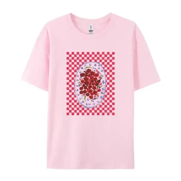 Trendy Female Retro Aesthetic Cherry Print T-shirt Summer Ins Cute Fruit Cotton Loose Women Fashion Half-sleeved Tops
