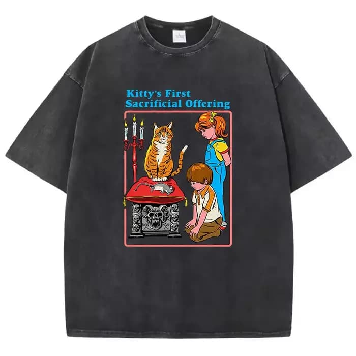 T-shirt Gothique Vintage Délavé 100% Coton avec Motif Chat de Bande Dessinée – Décontracté Streetwea