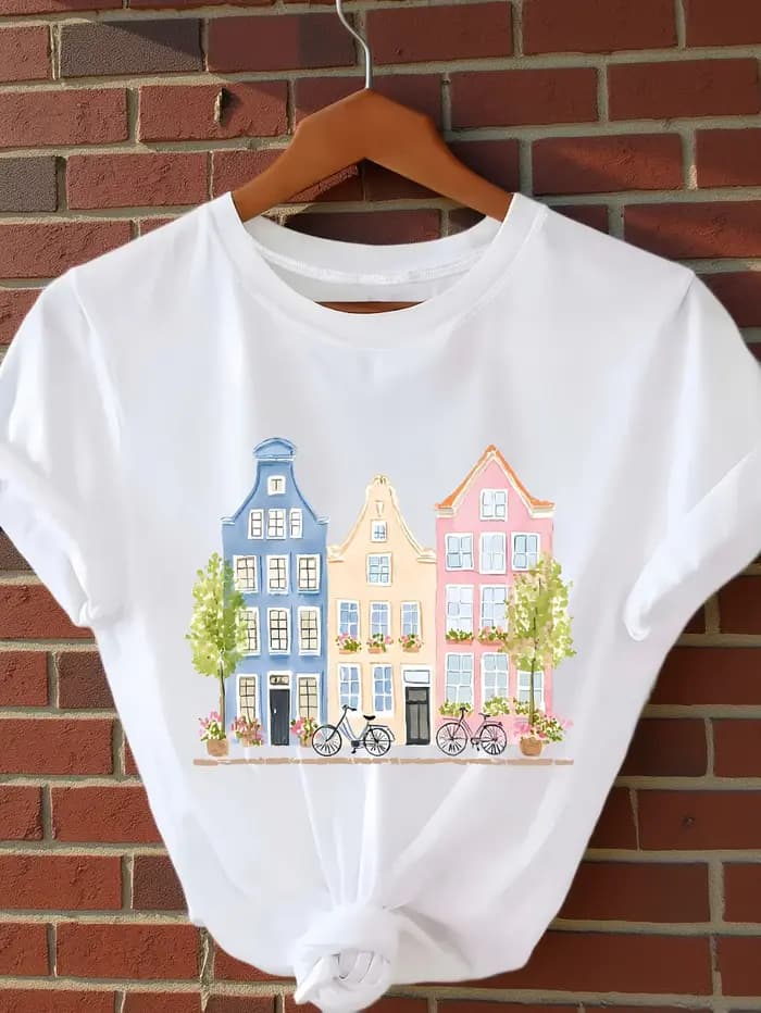 T-shirt décontracté à manches courtes avec imprimé artistique sur le thème de la maison pastel d'Amsterdam