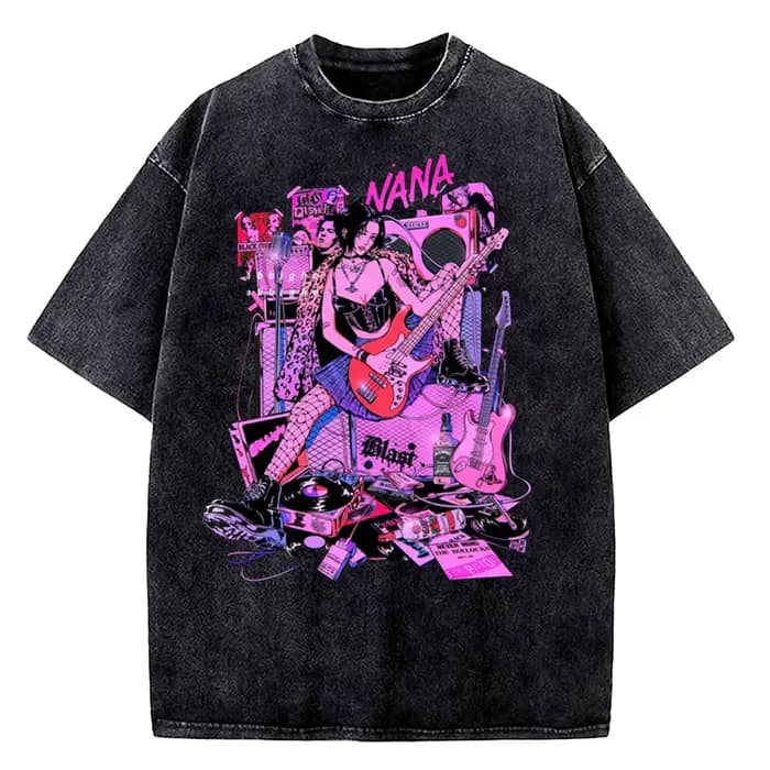 T-shirt vintage délavé Nana Osaki en coton drap fin manches courtes style Harajuku respirant pour homme et femme été