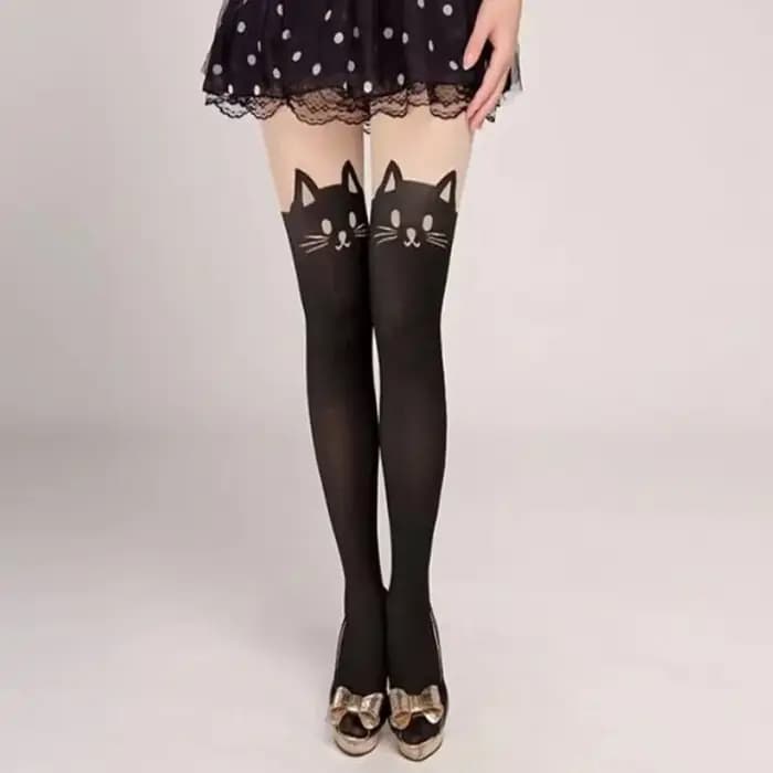Femmes mignon chat noir imprimé soie genou chaussettes décontracté cuisse coton chaud haut