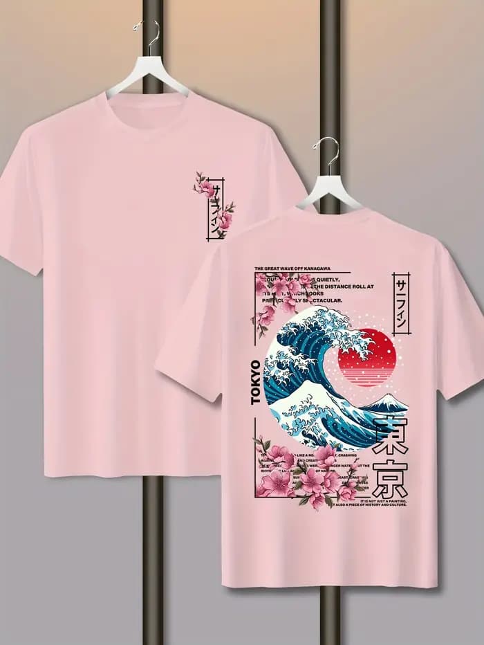 Homme décontracté Tokyo île coucher de soleil vague imprimé 100% coton T-shirt à manches courtes été respirant rue tendance ample confortable