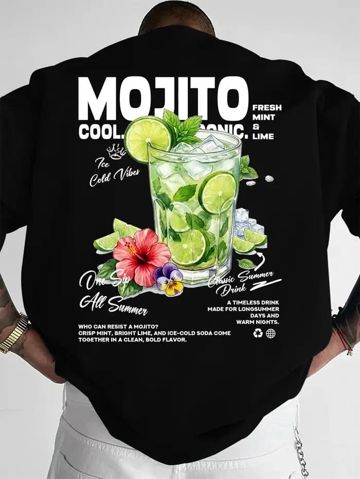 T-shirt pour homme en coton 100% doux de qualité supérieure avec imprimé floral Mojito Cocktail