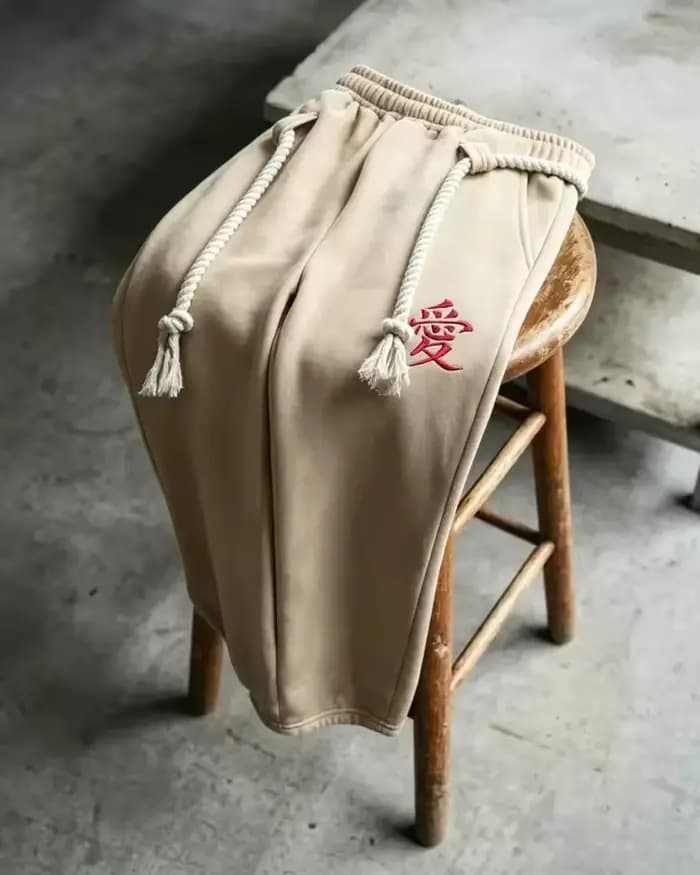 Pantalon de survêtement beige unisexe avec broderie rouge motif cœurs chinois