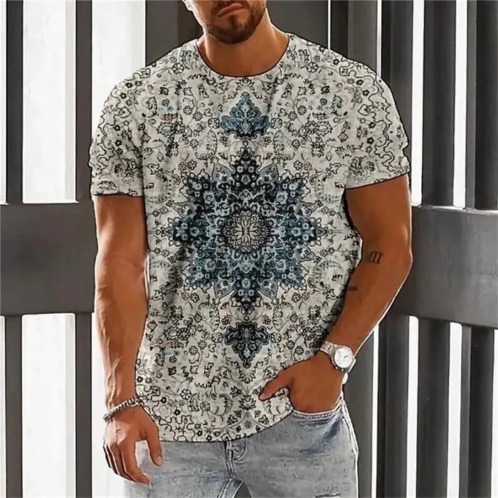 Bohème impression 3D T-Shirt pour hommes ethnique col rond manches courtes hauts géométrique Harajuku