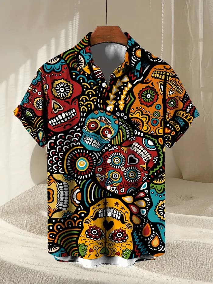 Crâne coloré 3D imprimé chemise rue Hip Hop mode personnalité hommes décontracté hauts été ample à manches courtes