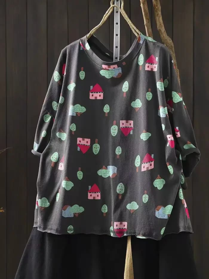 T-shirt en coton imprimé maison dans les arbres style Mori Kei vintage pour femme, nouveau modèle d'