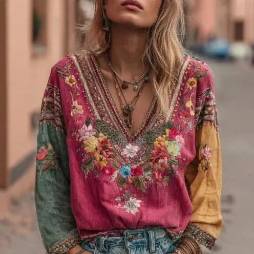 Chemise décontractée à col en V imprimée pour femmes