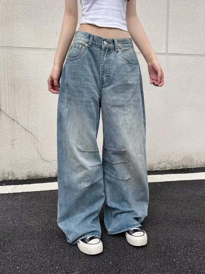 Trashy Y2K 2000S lavé bleu plissé Baggy jean Pantalon pour femmes 90S Vintage vêtements décontracté dame Denim