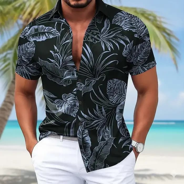 Chemise hawaïenne tropicale à motif feuilles de palmier pour homme, chemise boutonnée à manches courtes avec impression 3D, bleu noir violet vert