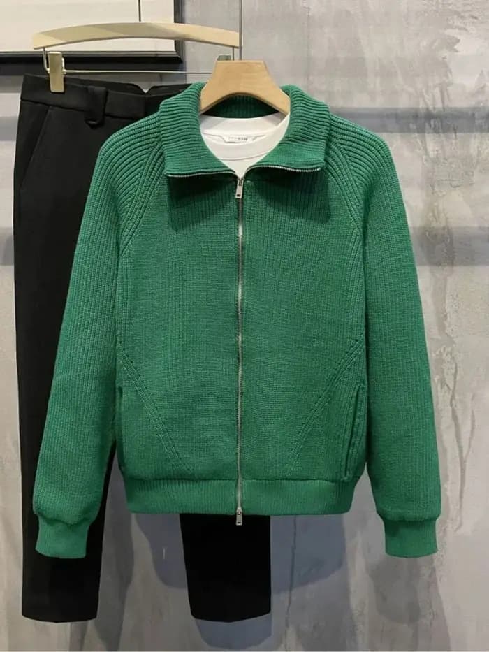 Vêtements pour hommes veste zippée pull en tricot homme fermeture éclair plaine vert couleur unie Cardigan avec poches manteau 2025 tendance coupe ample V