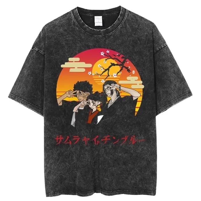 Anime graphique samouraï Champloo T-shirt Vintage lavé surdimensionné T-Shirts hommes femmes vêtements pur coton à