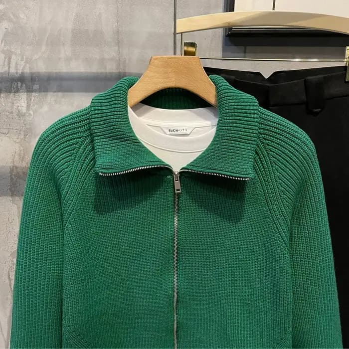 Vêtements pour hommes veste zippée pull en tricot homme fermeture éclair plaine vert couleur unie Cardigan avec poches manteau 2025 tendance coupe ample V
