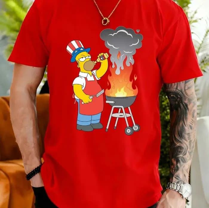 T-shirt décontracté à manches courtes pour homme, été, tailles S-5XL. Motif imprimé barbecue de la famille Simpson Homer. T-shirt unisexe autorisé Simpson