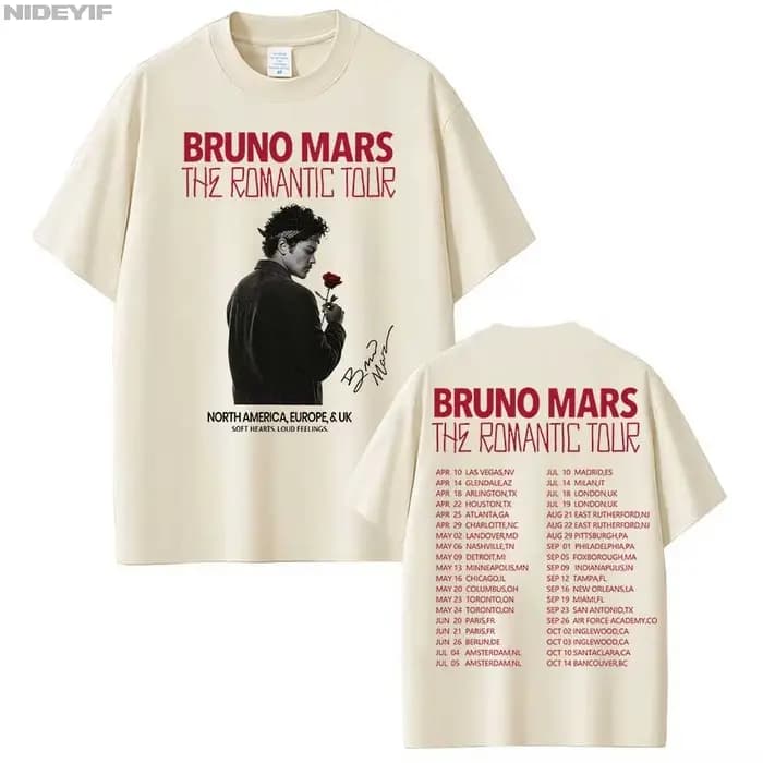 Bruno Mars The Romantic Tour T-shirt pour hommes et femmes, vêtements d'été en coton Y2K, à la mode,