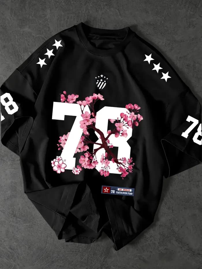 T-shirt Streetwear pour Homme 78, Imprimé Graphique Fleur de Cerisier Rose, Col Rond, Manches Courte
