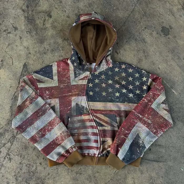 2026 Nouveau Femmes Zipper À Capuche Rétro Drapeau Imprimé À Capuche Sportswear Casual Street Wear Y