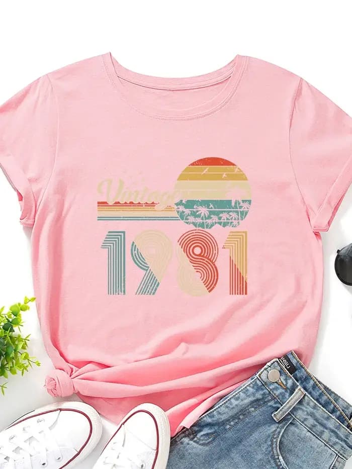 T-shirt manches courtes col rond femme, vintage, imprimé, 1981