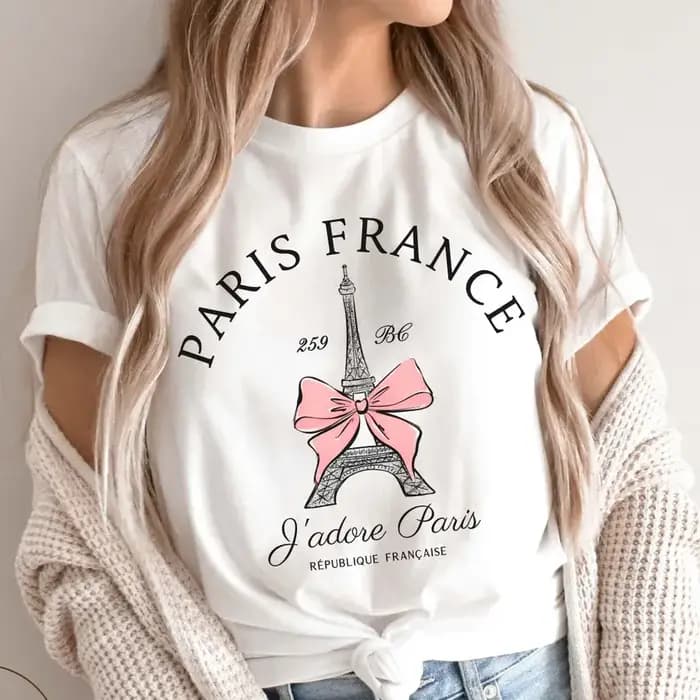 T-shirt Tour Eiffel Paris Rose Floral Vintage Cadeau Souvenir Français Vêtements Femme Mode