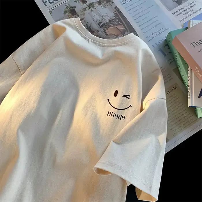 T-shirt à manches courtes pour hommes et femmes, visage souriant, drôle, mode Couple, basique améric