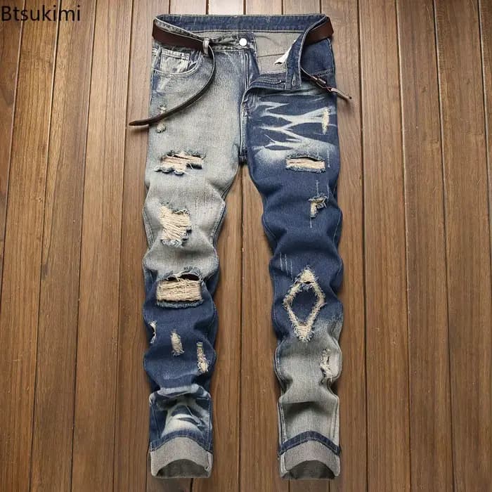 Nouveau jean rétro homme déchiré jambe droite pantalon