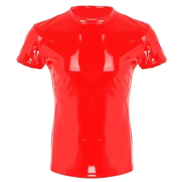 Rouge hommes Wetlook hauts Punk mode brillant PVC vêtements Faux cuir homme T-Shirt soirée Clubwear grande taille 5XL Costume