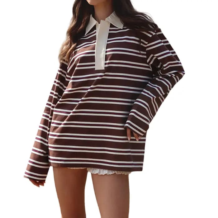 Femmes automne rayé Rugby T-Shirts Y2k Vintage à manches longues surdimensionné sweats col rabattu chemises décontractées hauts pullover