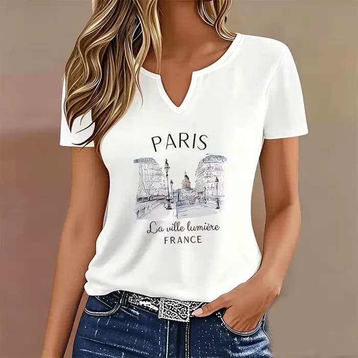 T-shirt Vintage Paris Col V Décontracté Mode Y2K Rétro Paris T-shirts Femme Manches Courtes Tee-shir