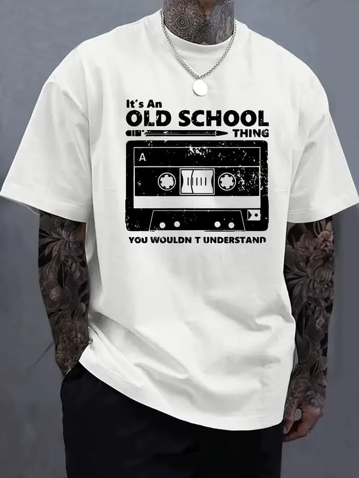 T-shirt blanc avec motif cassette old school, 100% coton, pour homme, s'accorde bien avec toutes les