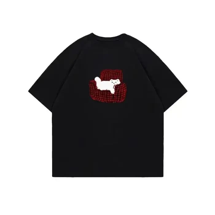 Chat sur le canapé imprimé femmes T-shirt col rond hauts américain Y2k vêtements de rue
