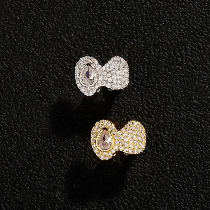 TOPGRILLZ Double Full Iced Out CZ Stones Teeth Grillz Hip Hop Shiny Zircon Tooth Caps For Women Men Jewelry Fangs Dental Grills