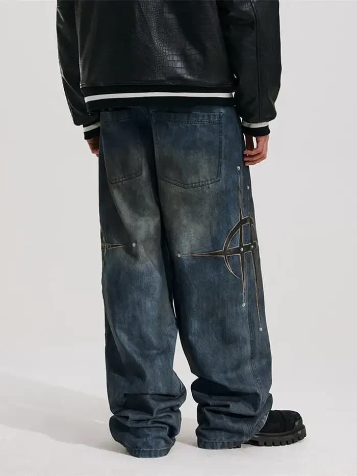 2025 Trashy Y2K Streetwear Pu cuir broderie Baggy empilé jean pantalon hommes vêtements lavé bleu droit vieux Denim