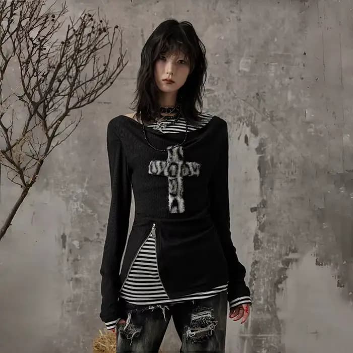 Karrcat Grunge esthétique faux deux pièces hauts Trashy Y2k à manches longues tricoté