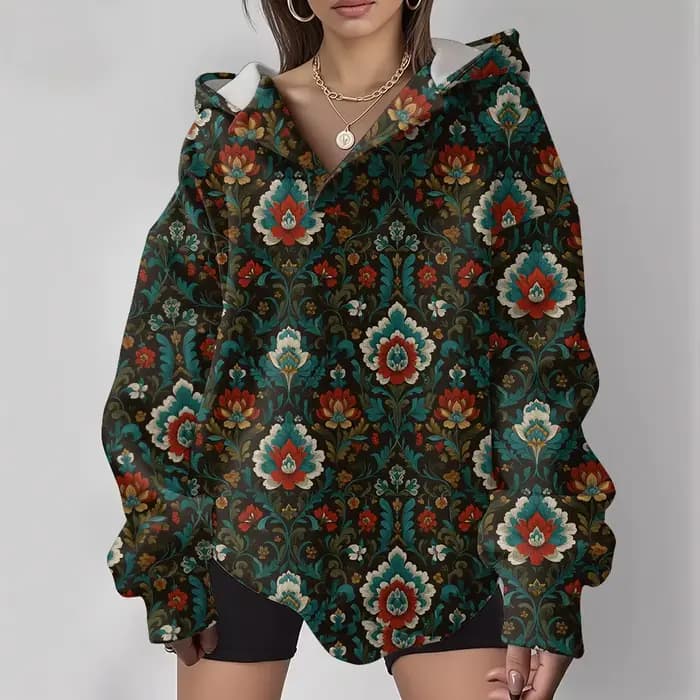 Sweat à capuche Boho maximaliste pour femme, rétro, coupe ample, col en v, avec luxueux totem floral rouge et doré, pull à la mode d'hiver