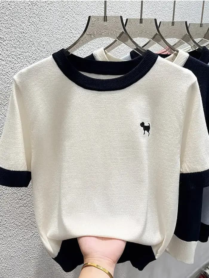 T-shirt brodé en soie glacée pour femmes, col rond, haut à manches courtes, tricoté, à la mode, déco