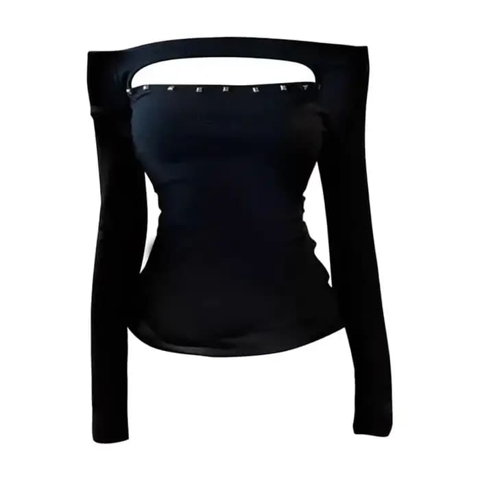 Seeslim Rivet évider T-shirt femme à manches longues noir années 2000 vêtements Y2k mince haut d'automne épaules