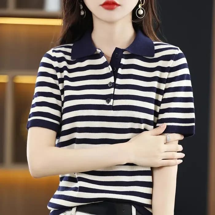 T-shirt femme rayé hauts bouton à manches courtes