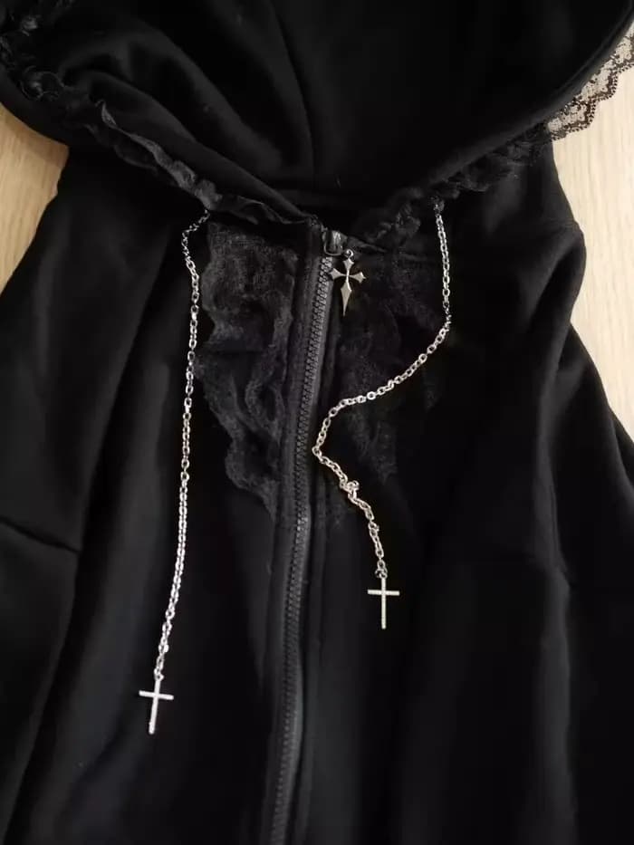 Sweat à capuche ample en dentelle noire pour femme