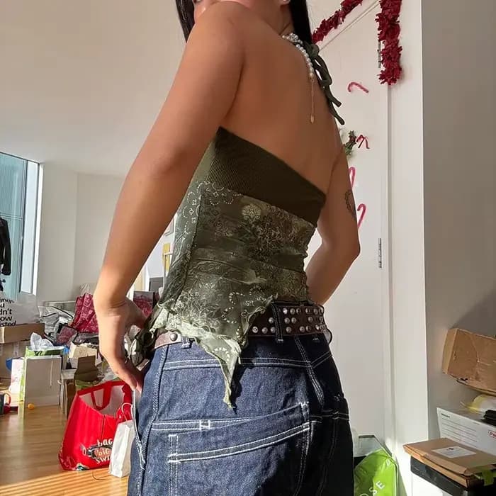 Women Summer Vacation Clothing Y2K Camisole Backless Halter Tie Asymmetrical Tops Retro Forest Green Print Boho Style