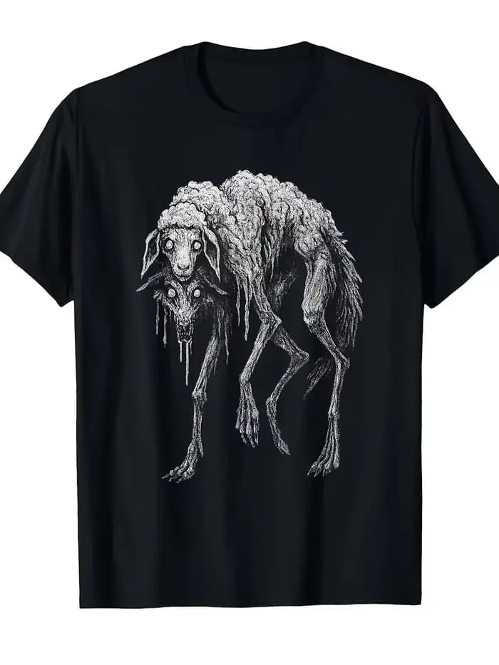 T-shirt gothique pour hommes, motif loup-agneau effrayant, folklore d'horreur, noir et blanc, manche