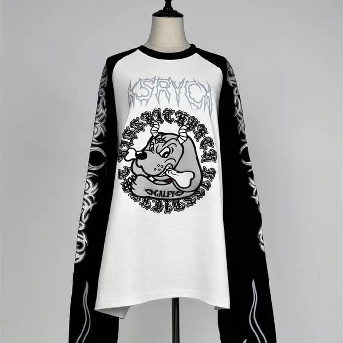 Japonais Harajuku Streetwear co-marqué sous-culture tatouage broderie flamme à manches longues T-Shirt