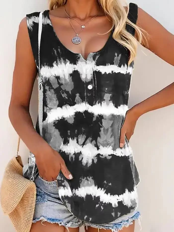 Débardeur ample tie-dye noir et blanc pour femme, col en V, boutonné, sans manches, style bohème, pour le printemps et l'été, décontracté, streetwear