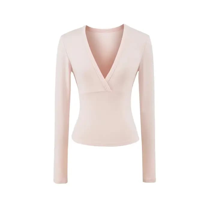 Mignon rose col en v mince T-shirts femmes automne nouveau Streetwear décontracté coton à manches longues