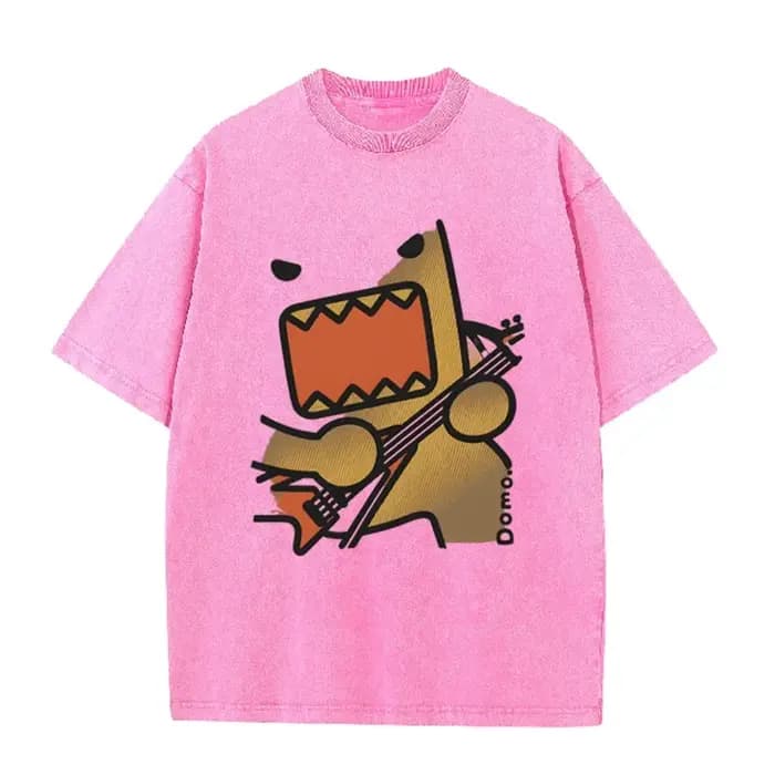 T-shirt décontracté marron délavé vintage avec imprimé graphique guitare rock Domo