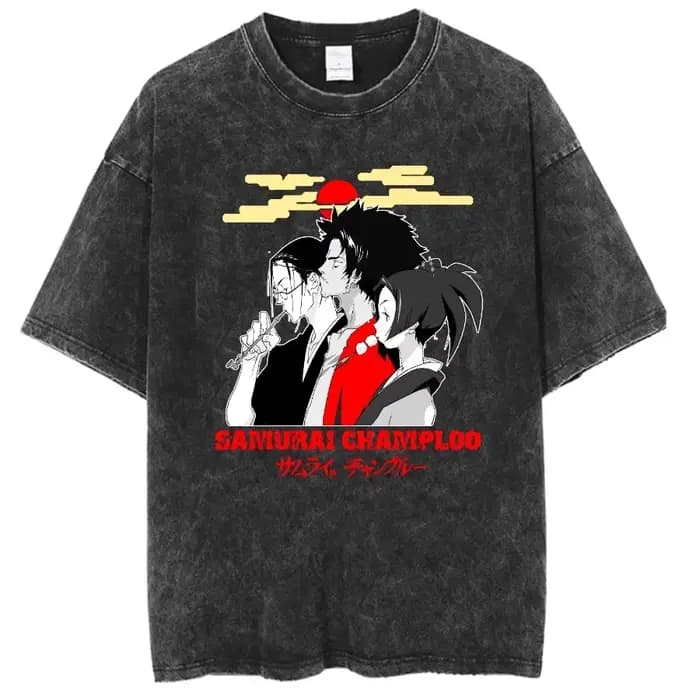 Anime graphique samouraï Champloo T-shirt Vintage lavé surdimensionné T-Shirts hommes femmes vêtements pur coton à