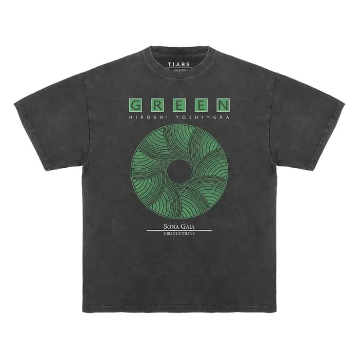Hiroshi Yoshimura T-Shirt vert Inoyama Land Brian Eno lavé ample épaule tombante rétro hommes manche